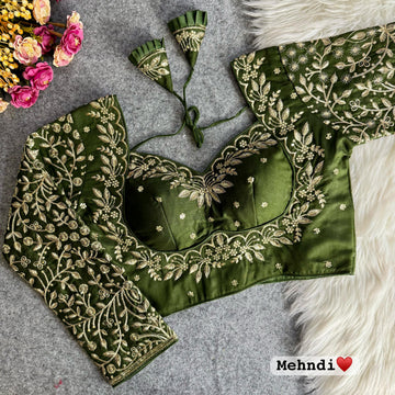 Mahndi Vichitra Silk Embroidered Stitched Bridal Blouse