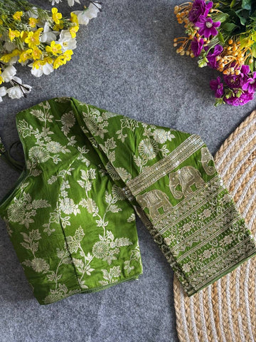 MEHNDI GREE HEAVY PURE DOLA SILK FULL SLEEVES ELEPHANT DESIGN BLOUSE
