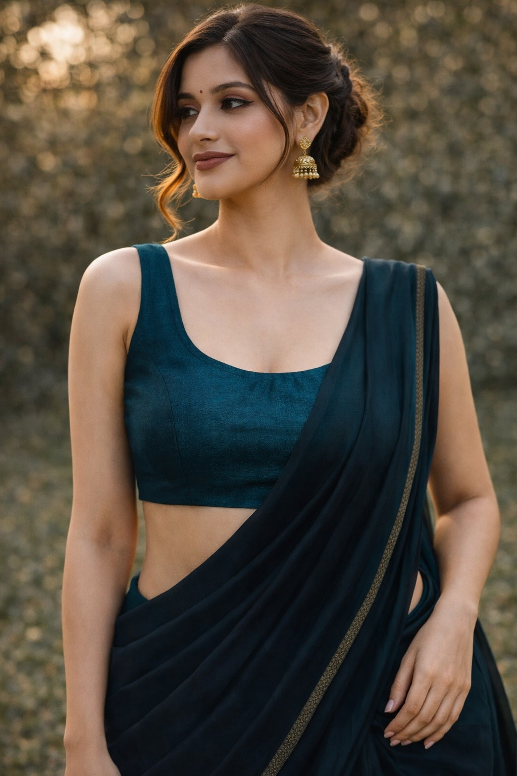 Half Teal  blouse with brown surace background