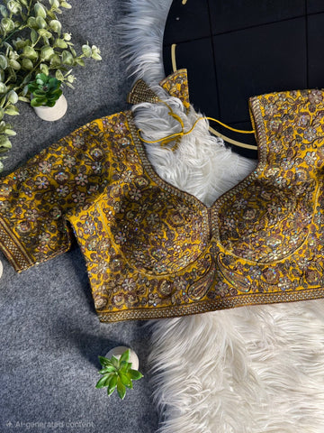 Mustard Italian Silk Sequin Work & Heavy Coding Sabyasachi Neck Blouse