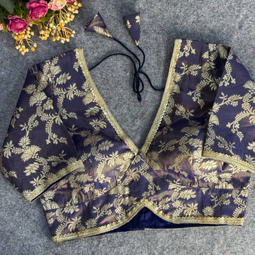 Navi Blue Pure Cosmos Viscose Jacquard Silk Blouse