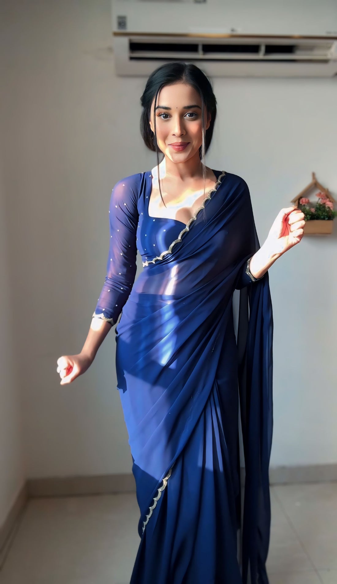Ready To Wear Georgette Saree Navy Blue