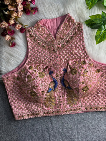 Onion Pink Halter Neck Handwork Peacock Blouse