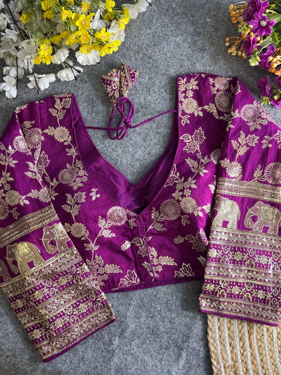 PURPLE HEAVY PURE DOLA SILK FULL SLEEVES ELEPHANT DESIGN BLOUSE