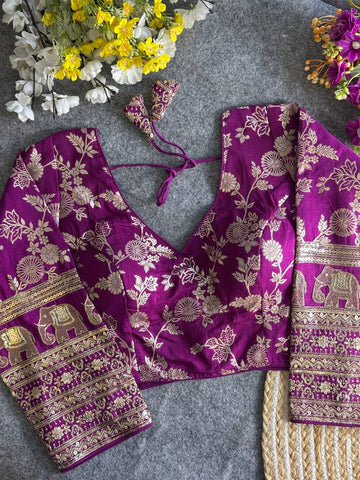 PURPLE HEAVY PURE DOLA SILK FULL SLEEVES ELEPHANT DESIGN BLOUSE