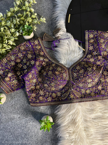 Purple Italian Silk Sequin Work & Heavy Coding Sabyasachi Neck Blouse