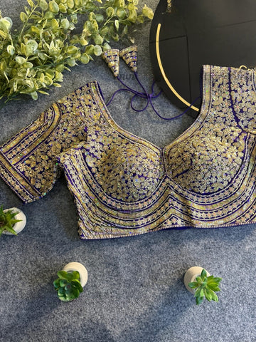 Purple Italian Silk Heavy Coding & Sequin Work Sabyasachi Neck Blouse