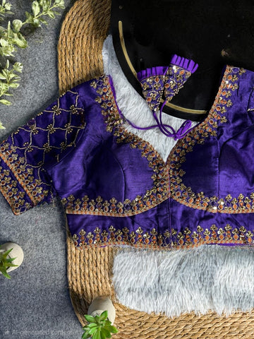 Purple Italian Silk Heavy Embroidery & Beads Work Wedding Blouse