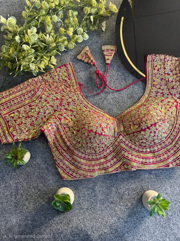Rani Italian Silk Heavy Coding & Sequin Work Sabyasachi Neck Blouse