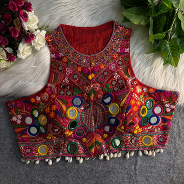 Red Italian Silk Embroidered Stitched Blouse