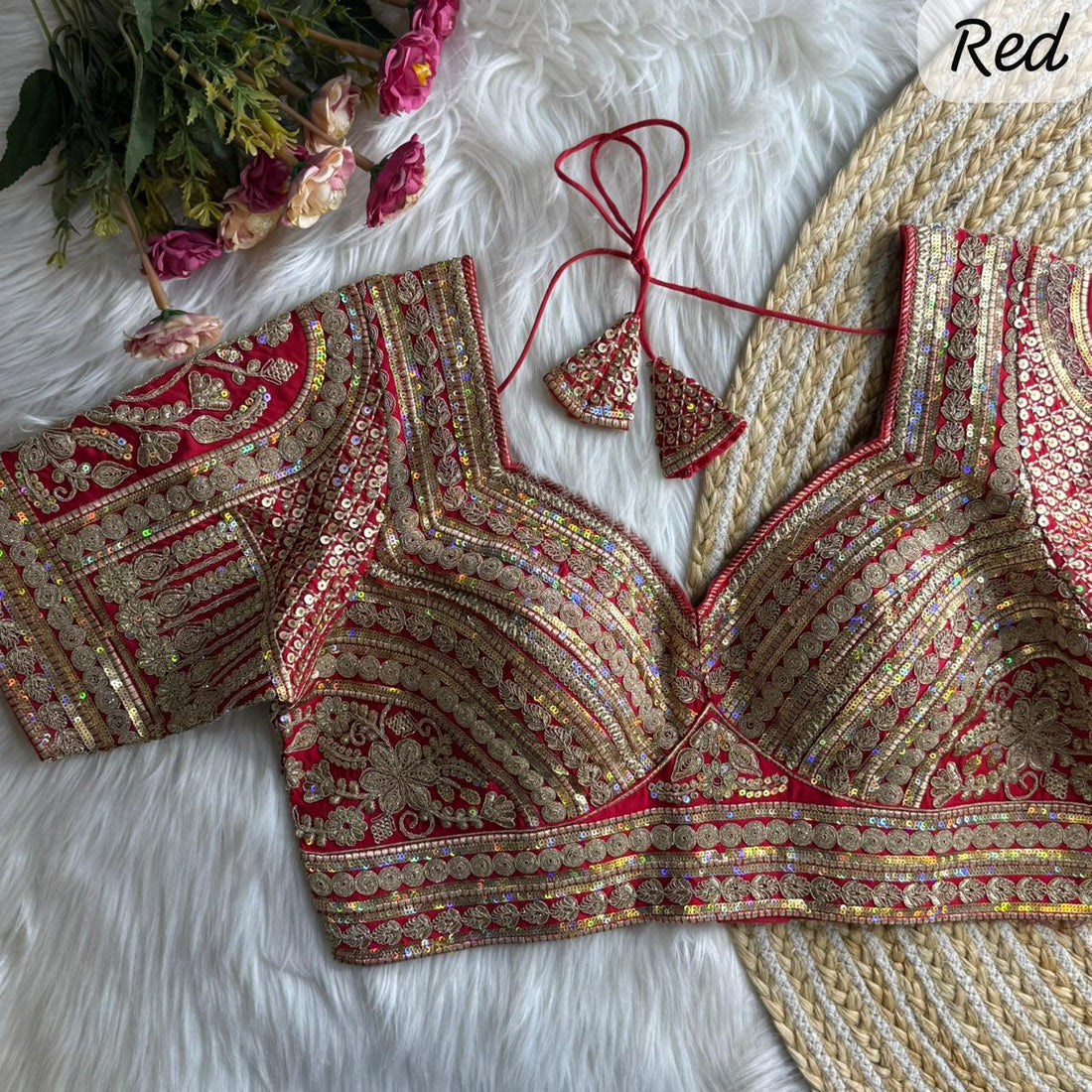 Red Sabyasachi Inspired Bridal Blouse Beautiful Havy Stars & Rainbow Work