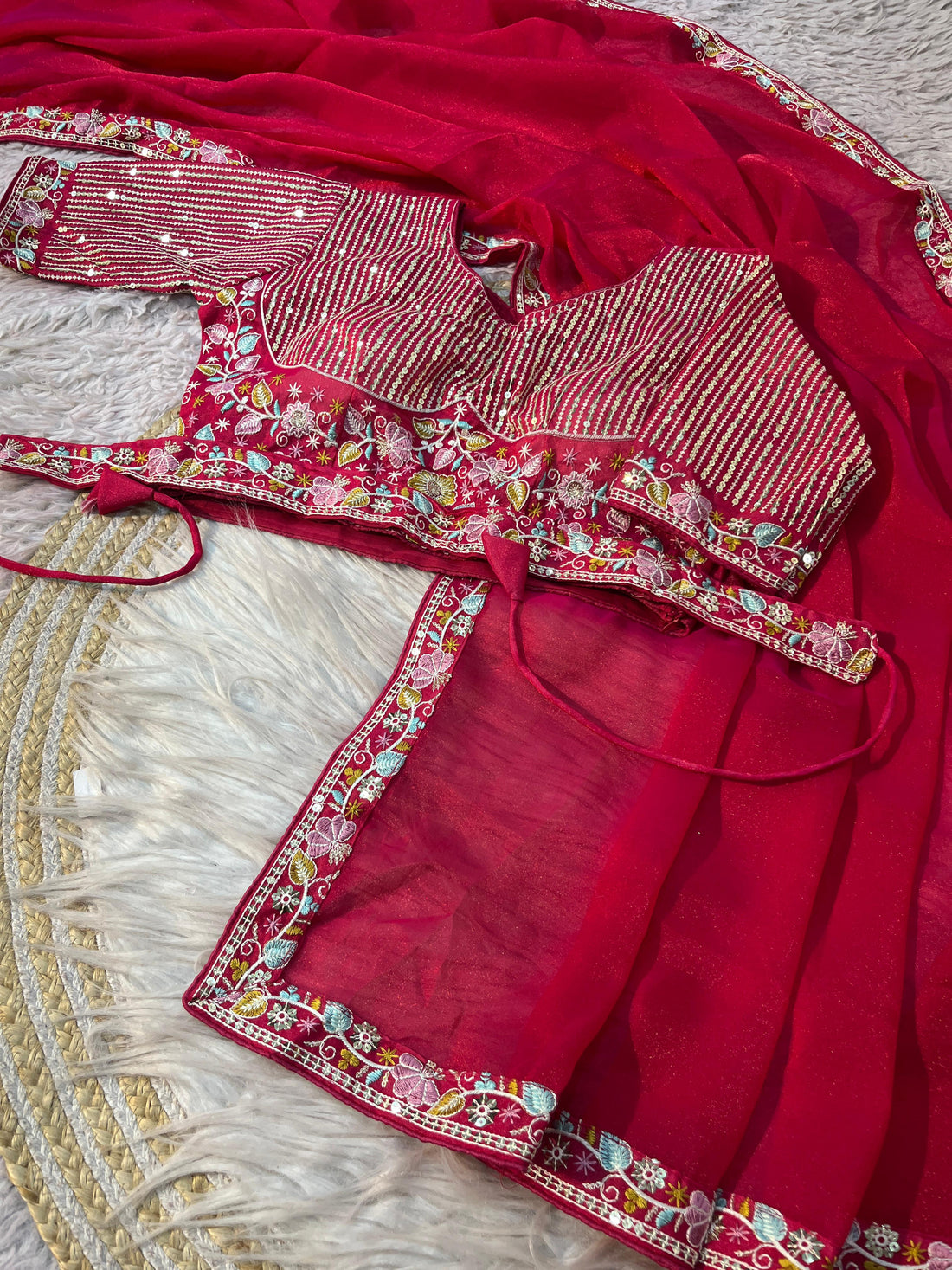 Red Beautiful Shine NC Moss Saree with Blouse