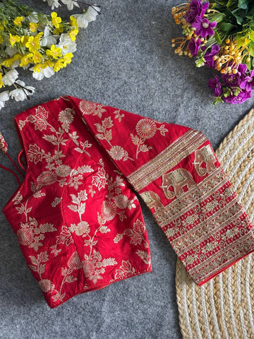 RED HEAVY PURE DOLA SILK FULL SLEEVES ELEPHANT DESIGN BLOUSE