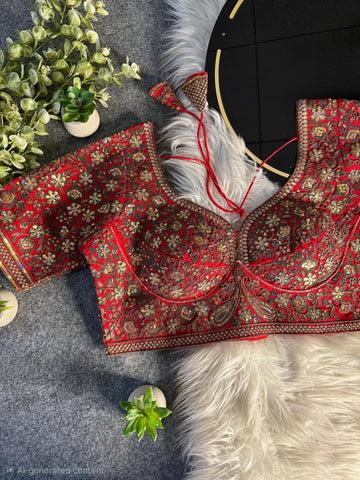 Red Italian Silk Sequin Work & Heavy Coding Sabyasachi Neck Blouse