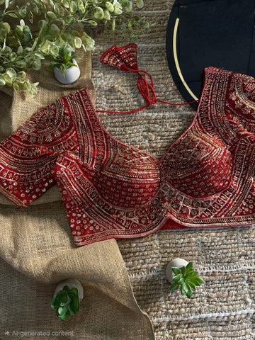 Red Handwork Beads Partywear Sabyasachi Neck Blouse in Pure Fox Georgette