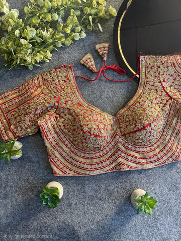 Red Italian Silk Heavy Coding & Sequin Work Sabyasachi Neck Blouse