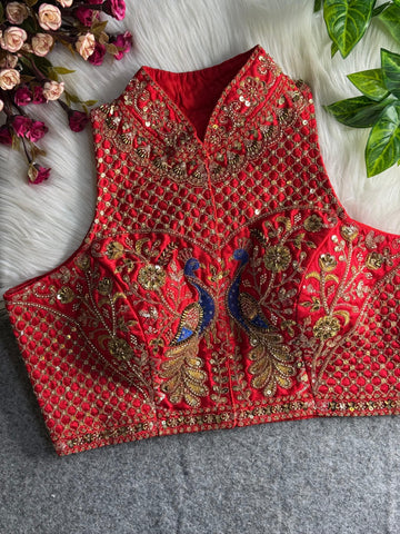 Red Halter Neck Handwork Peacock Blouse