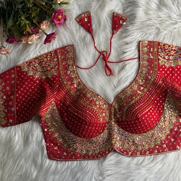 Red Sabyasachi Inspired Bridal Blouse Beautiful Havy Stars & Rainbow Work