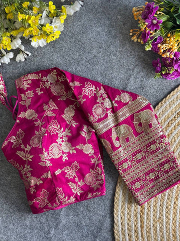 PINK HEAVY PURE DOLA SILK FULL SLEEVES ELEPHANT DESIGN BLOUSE