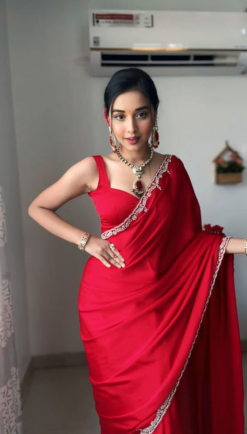 Ready To Wear Satin Silk Saree Red