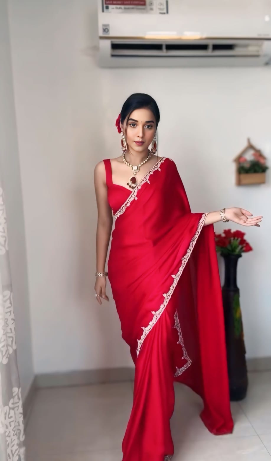 Ready To Wear Satin Silk Saree Red