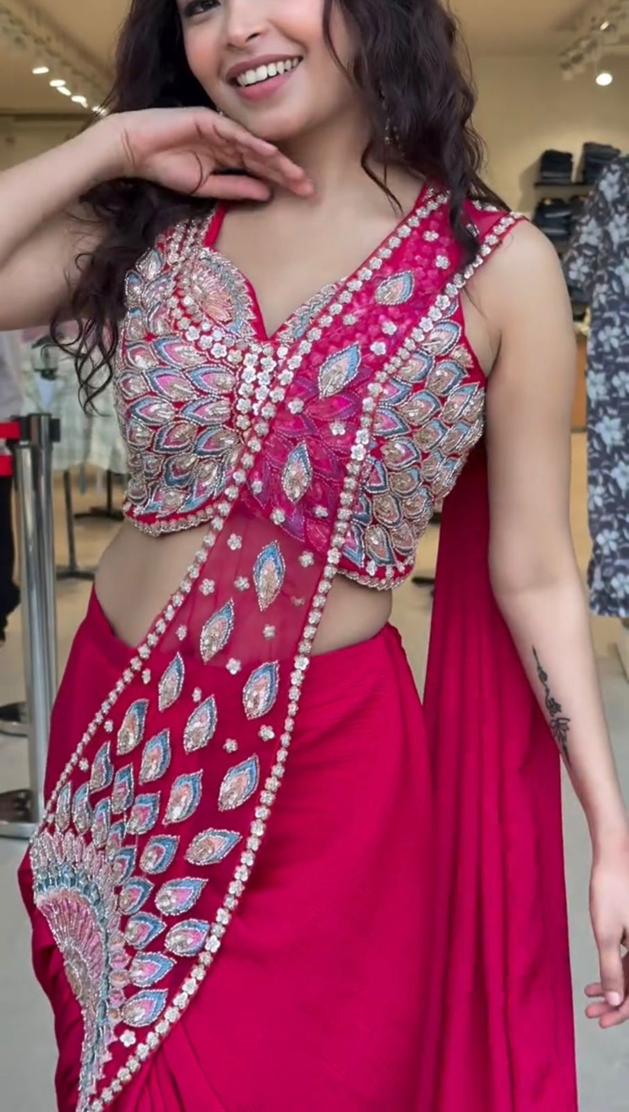 Pink Faux Georgette Embroidery & Beads Work Saree with Blouse