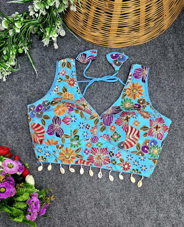 Sky Blue Viscose Pojisan Blouse Partywear Blouse