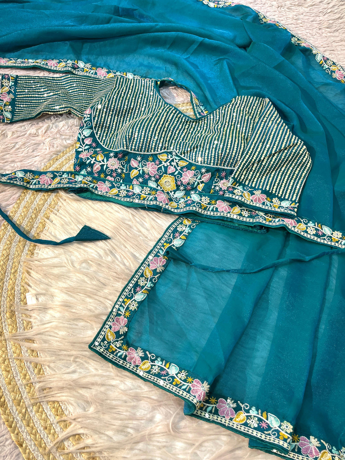 Teal Blue Beautiful Shine NC Moss Saree with Blouse