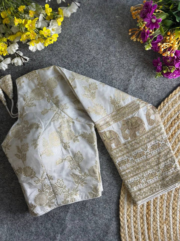 WHITE HEAVY PURE DOLA SILK FULL SLEEVES ELEPHANT DESIGN BLOUSE