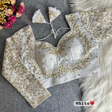 White Vichitra Silk Embroidered Stitched Bridal Blouse