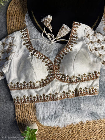 White Italian Silk Heavy Embroidery & Beads Work Wedding Blouse