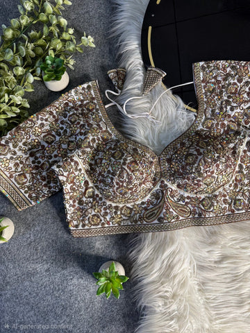 White Italian Silk Sequin Work & Heavy Coding Sabyasachi Neck Blouse