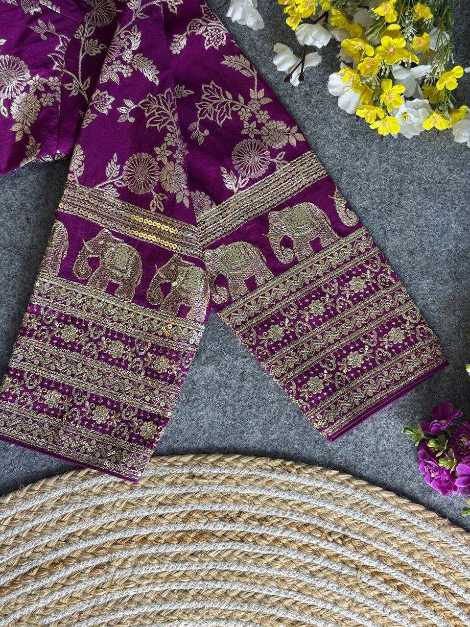 WINE HEAVY PURE DOLA SILK FULL SLEEVES ELEPHANT DESIGN BLOUSE