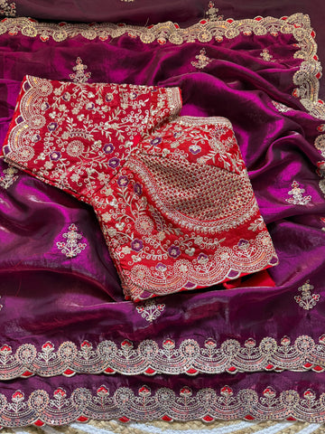 Trending Wine Sabyasachi Inspired Saree with Stiched Blouse