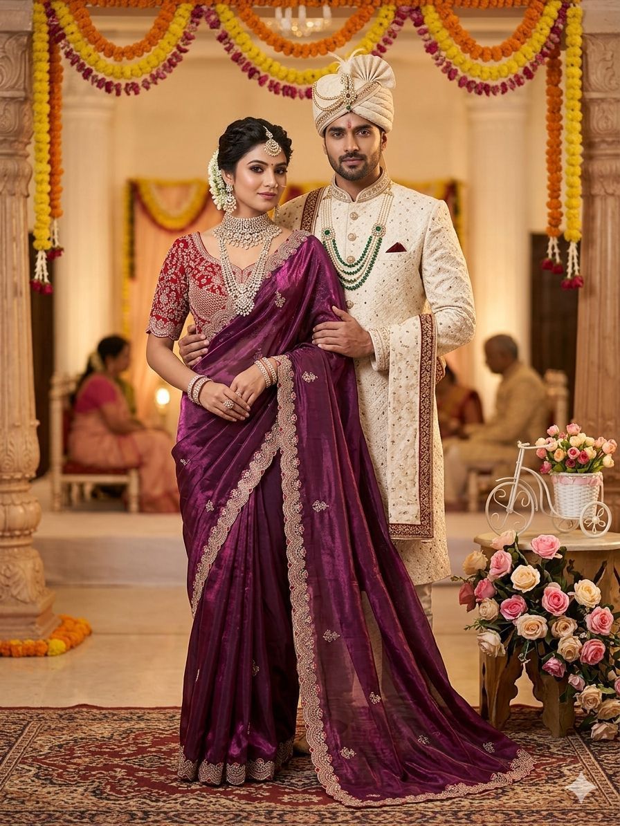 Trending Wine Sabyasachi Inspired Saree with Stiched Blouse