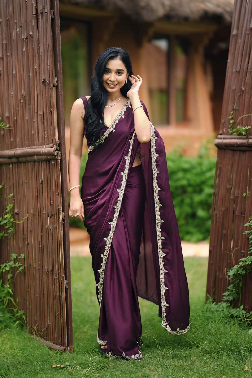 Ready To Wear Satin Silk Saree Wine