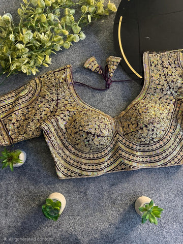 Wine Italian Silk Heavy Coding & Sequin Work Sabyasachi Neck Blouse