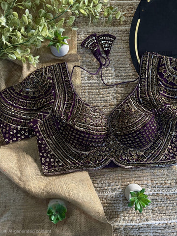 Wine Handwork Beads Partywear Sabyasachi Neck Blouse in Pure Fox Georgette