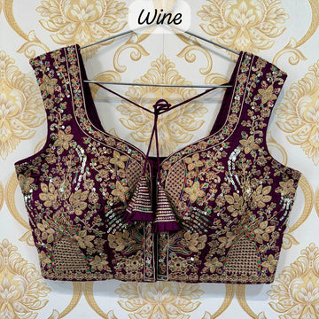 Wine Beautiful Heavy Embroidery Codding And Thread Work Bridal Blous