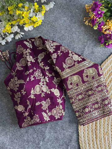 WINE HEAVY PURE DOLA SILK FULL SLEEVES ELEPHANT DESIGN BLOUSE