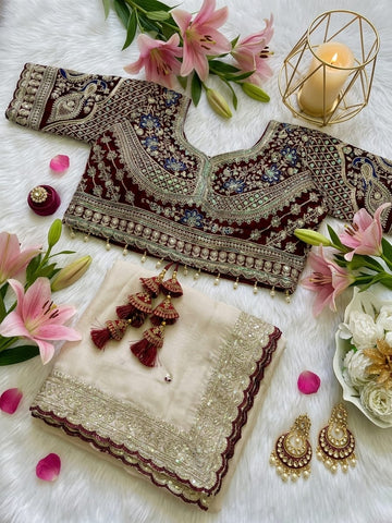 Cream Rangoli Sartin Embroidery Saree With Ready Blouse