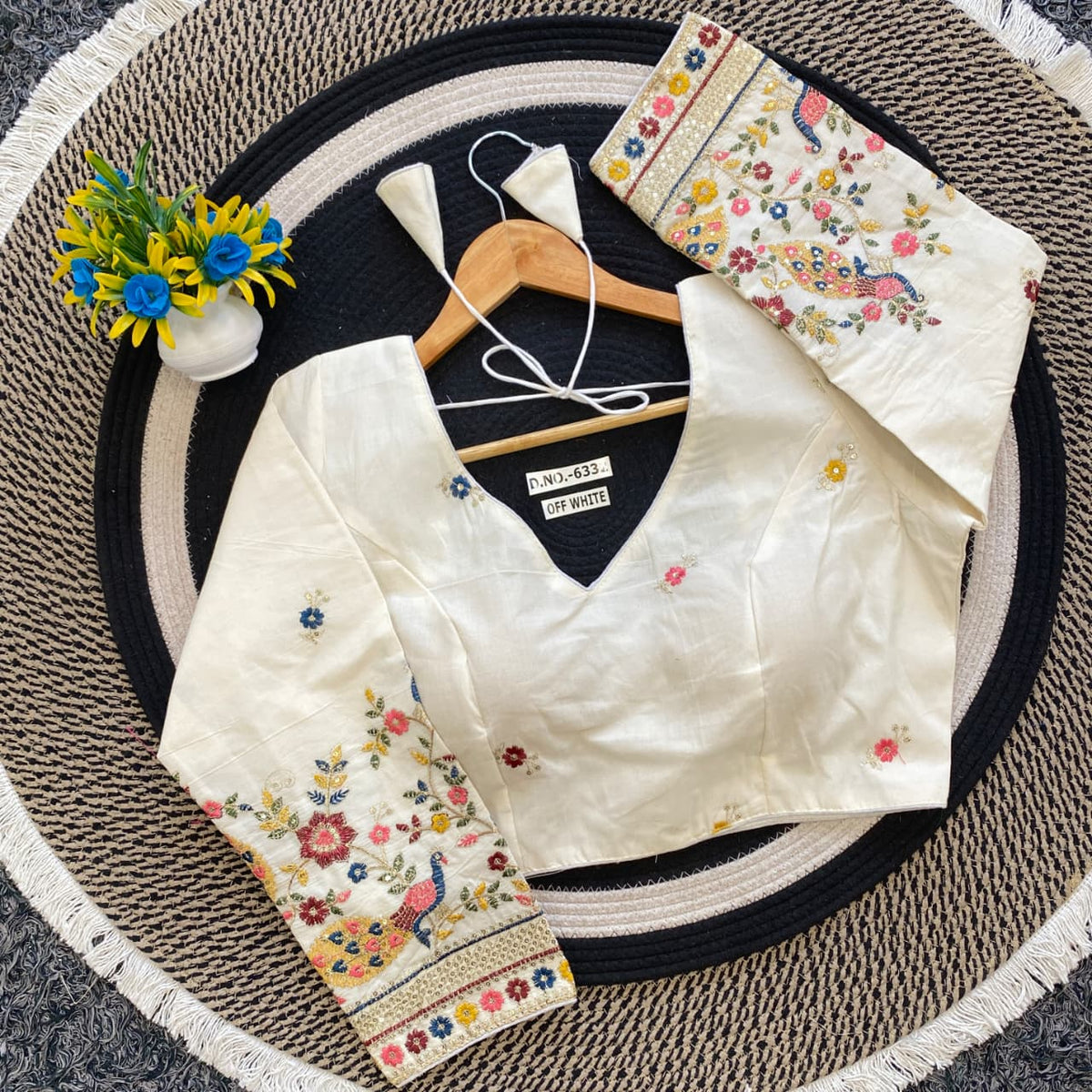 White  khadi  peacock embroidered blouse back side