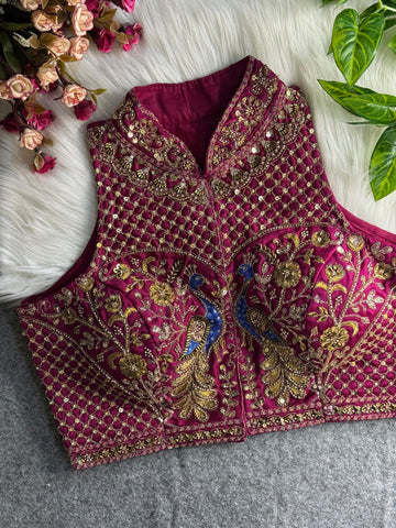 Wine Halter Neck Handwork Peacock Blouse
