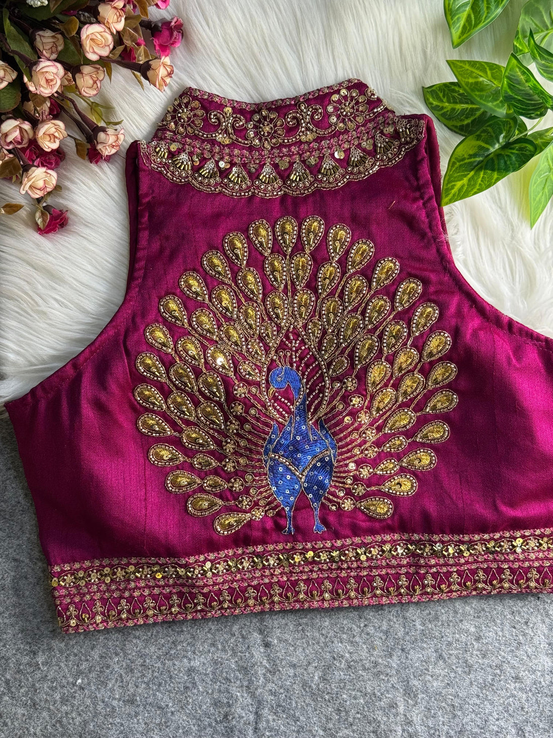 Wine Halter Neck Handwork Peacock Blouse