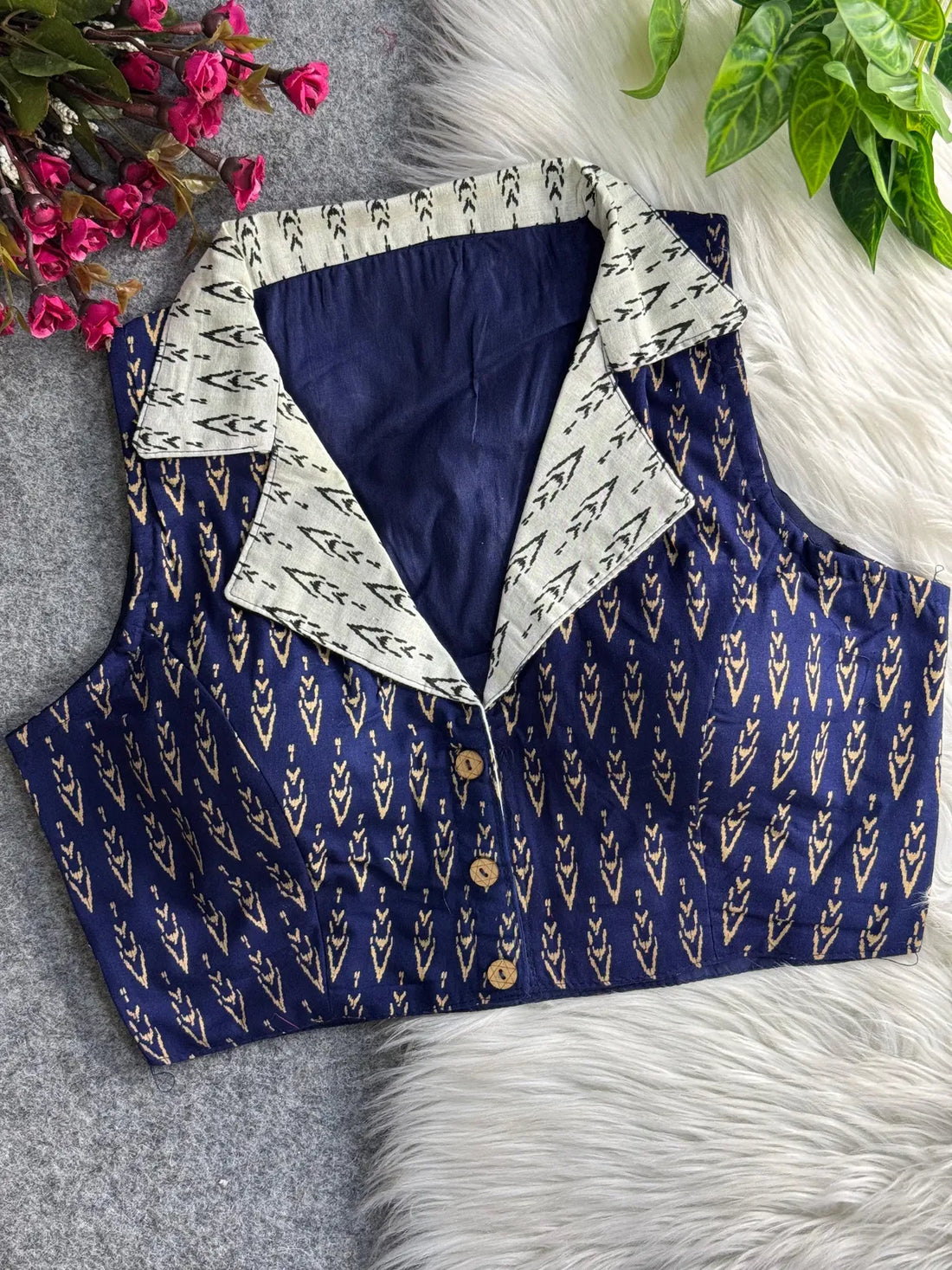 Navy Cotton Ajrakh Printed Stitched Blouse