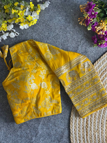 YELLOW HEAVY PURE DOLA SILK FULL SLEEVES ELEPHANT DESIGN BLOUSE