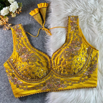 Yellow Beautiful Heavy Stars & Beads Work Sabyasachi Neck Bridal Blouse