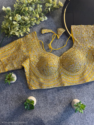 Yellow Italian Silk Heavy Coding & Sequin Work Sabyasachi Neck Blouse