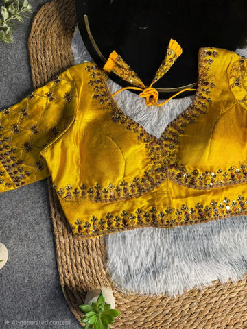 Yellow Italian Silk Heavy Embroidery & Beads Work Wedding Blouse