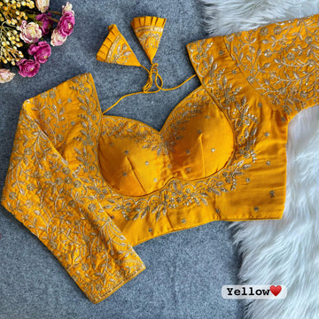 Yellow Vichitra Silk Embroidered Stitched Bridal Blouse
